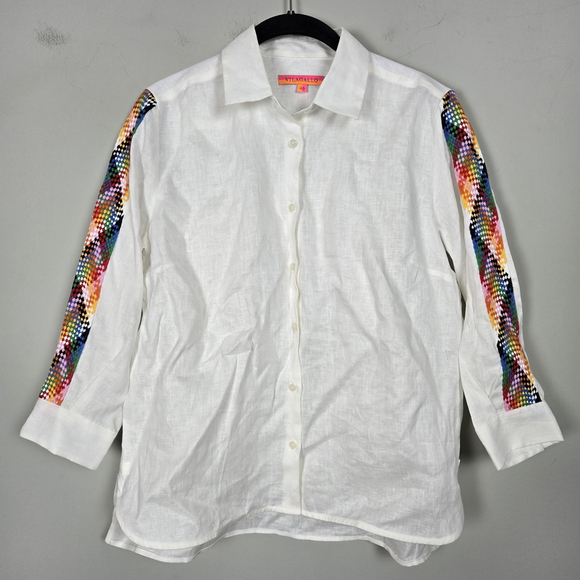 vilagallo Tops - Vilagallo Womens Embroidered Linen Button Up Top Size M White Boho Beachy Artsy